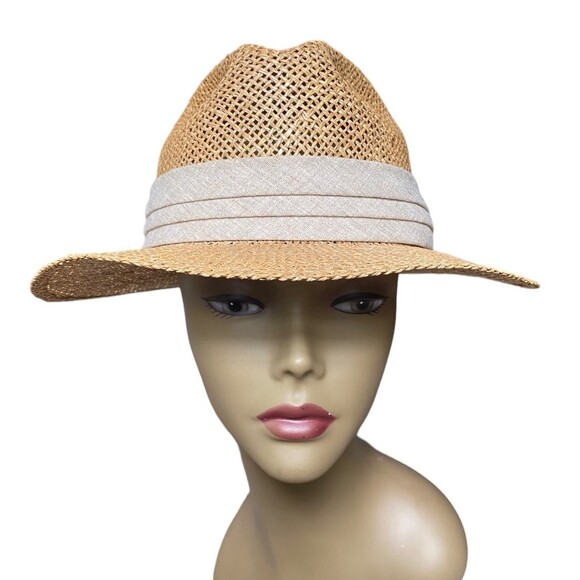Vtg Chi chi Collection Panama Straw hat Linen band Made in U.S.A. Size Small S - Picture 2 of 12